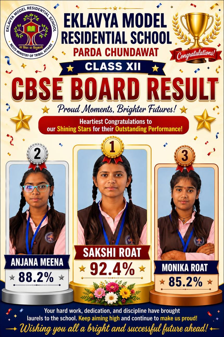 Class XII CBSE board result 2025-26 — the top three students of EMRS Parda Chundawat